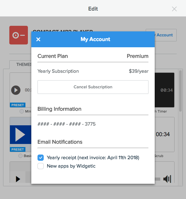 Widgetic My Account billing modal in the editor